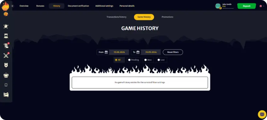 Take a look at the screenshot of the Game history page for HellSpin.