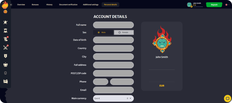 Here's a screenshot highlighting the details of your Hell Spin account.