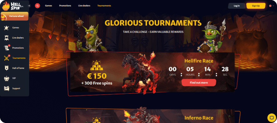Check out the screenshot of the Tournaments and competitions page at Hell Spin.